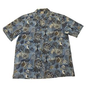 Royal Creations Hawaiian Shirt Blue Tiki Patchwork XL Cabana Camp Collar EUC